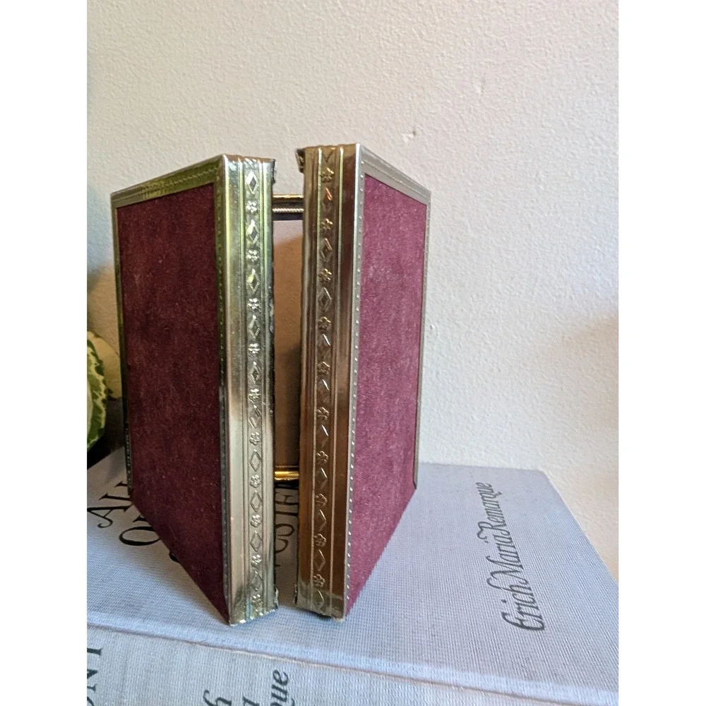 Vintage Mid Century Brass Toned Triptych Hinged Picture Frame Floral Embossed